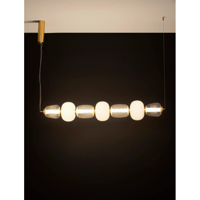 Lampa wisząca podłużna glamour z dekoracyjnym szklanym kloszem Scanzo 110cm LED 3000K złoty połysk / opal / transparent