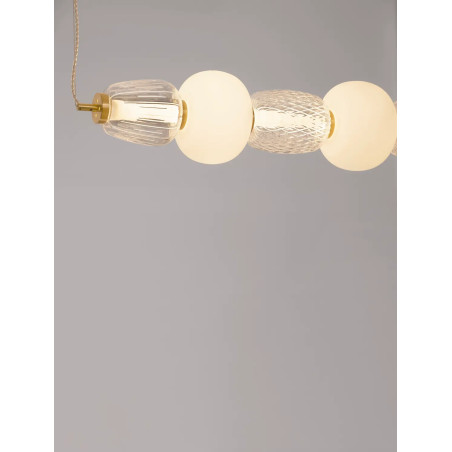 Lampa wisząca podłużna glamour z dekoracyjnym szklanym kloszem Scanzo 110cm LED 3000K złoty połysk / opal / transparent