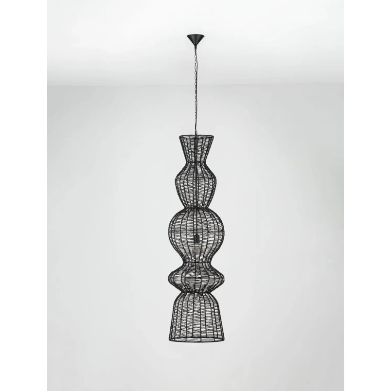 Lampa wisząca rustykalna ze sznurka z wysokim kloszem łańcuchem Bovel 38cm H136cm czarna