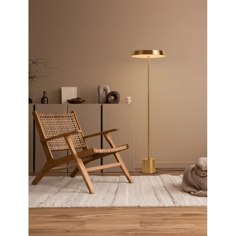 Lampa podłogowa designerska z płaskim kloszem Alto 40cm H136cm LED 3000K satynowe złoto