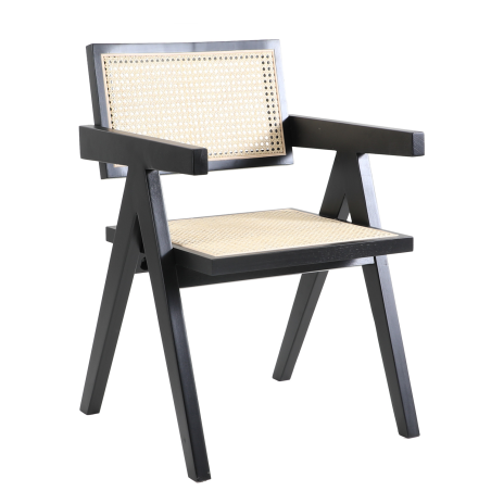 Krzesło z podłokietnikami BOHO czarne drewno rattan | Decolab