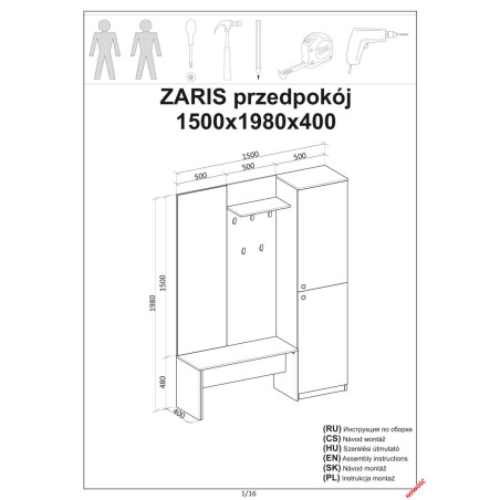 Zestaw do przedpokoju Zaris 150cm dąb/czarny | Halmar
