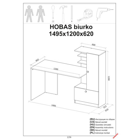 Biurko z regałem Hobas 150cm dąb/czarny - Halmar | Biurka