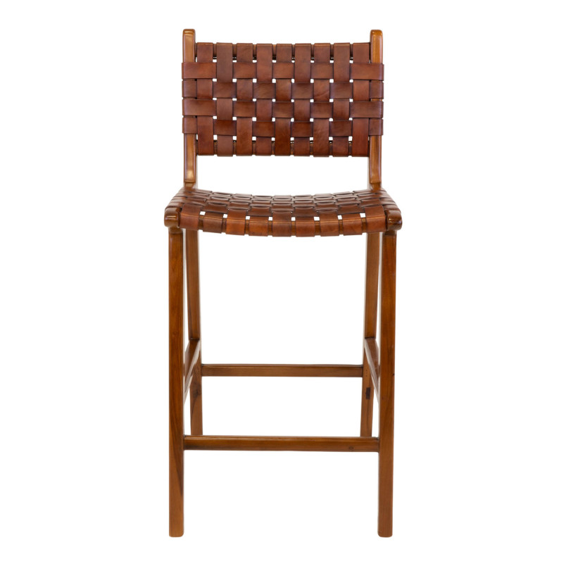 Krzesło barowe drewniane ze skórą vintage Perugia 60cm brązowe House Nordic