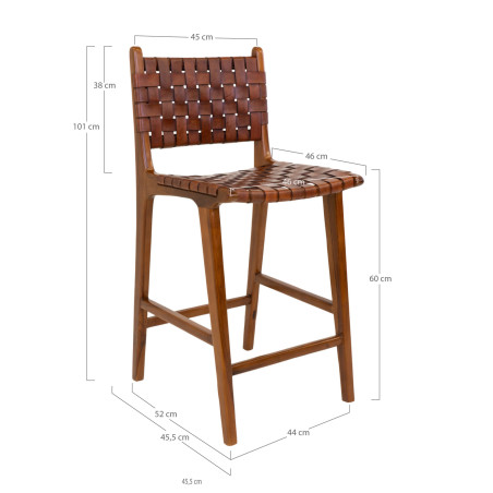 Krzesło barowe drewniane ze skórą vintage Perugia 60cm brązowe House Nordic