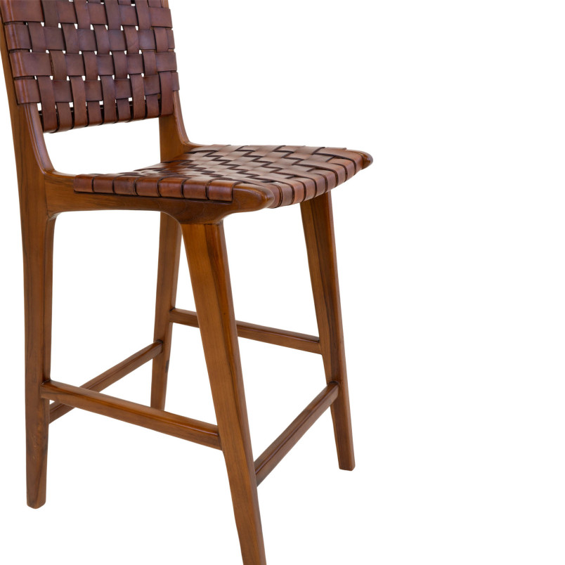 Krzesło barowe drewniane ze skórą vintage Perugia 60cm brązowe House Nordic