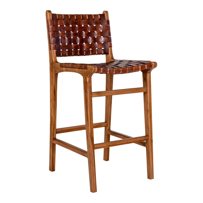 Krzesło barowe drewniane ze skórą vintage Perugia 60cm brązowe House Nordic