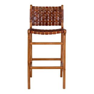 Krzesło barowe drewniane ze skórą vintage Perugia 60cm brązowe House Nordic