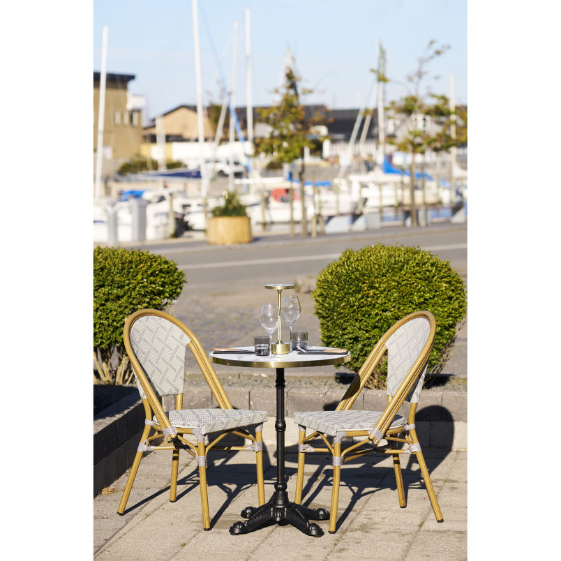 Stół okrągły Bistro 60cm biały marmur ze złotą krawędzią / żeliwna czarna noga House Nordic