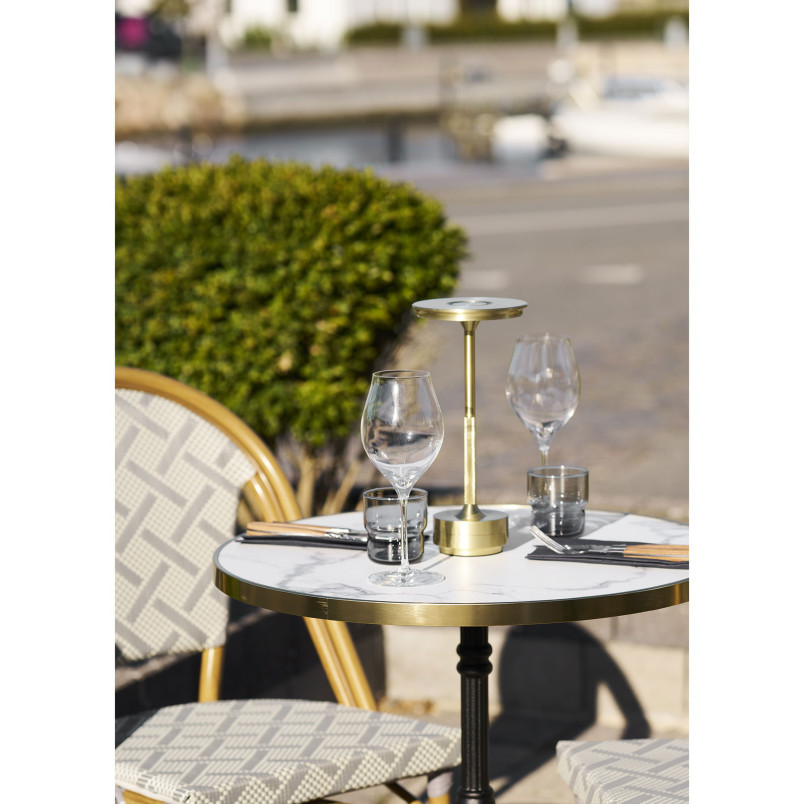 Stół okrągły Bistro 60cm biały marmur ze złotą krawędzią / żeliwna czarna noga House Nordic