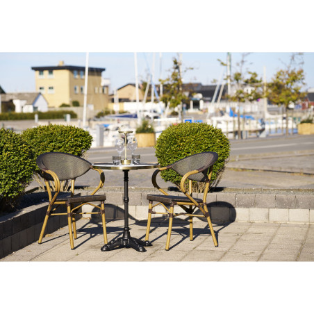 Stół okrągły Bistro 60cm biały marmur ze złotą krawędzią / żeliwna czarna noga House Nordic