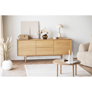 Komoda podłużna na nóżkach z półkami i 2 szufladami Darwin 180x45x75cm dąb naturalny House Nordic