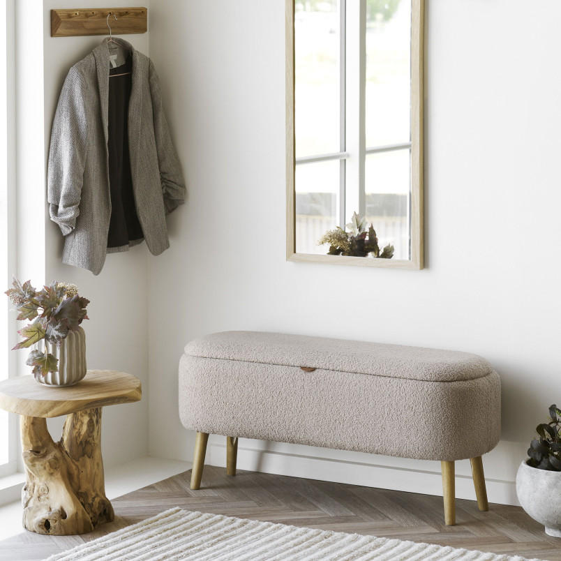 Ławka tapicerowana na nóżkach z pojemnikiem Harlow 95x37cm beż / drewno House Nordic