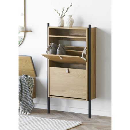 Szafka na buty dwukomorowa do przedpokoju Barco 118cm szary / drewno House Nordic