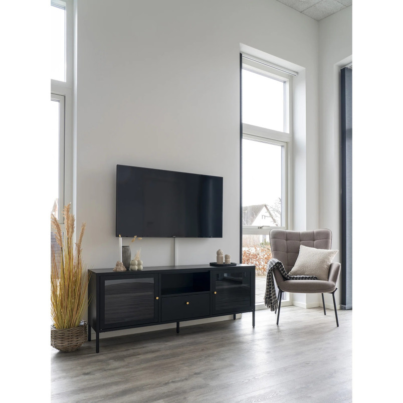 Szafka rtv metalowa ze szklanymi drzwiami i szufladą Dalby 60x160x35cm czarna House Nordic