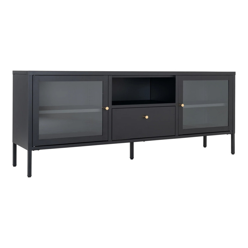 Szafka rtv metalowa ze szklanymi drzwiami i szufladą Dalby 60x160x35cm czarna House Nordic