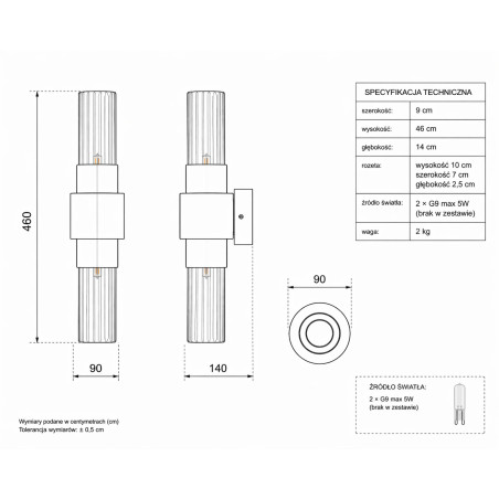 Lampa ścienna GLOW 46 cm - kinkiet złoty połysk, szkło ryflowane