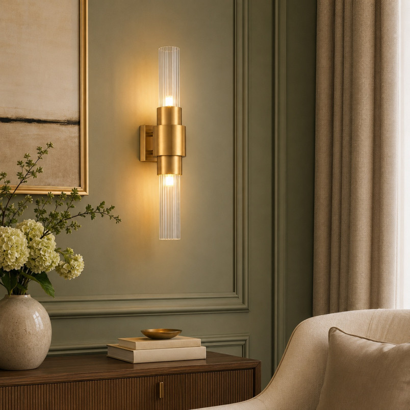 Lampa ścienna GLOW 46 cm - kinkiet złoty szczotkowany, szkło ryflowane