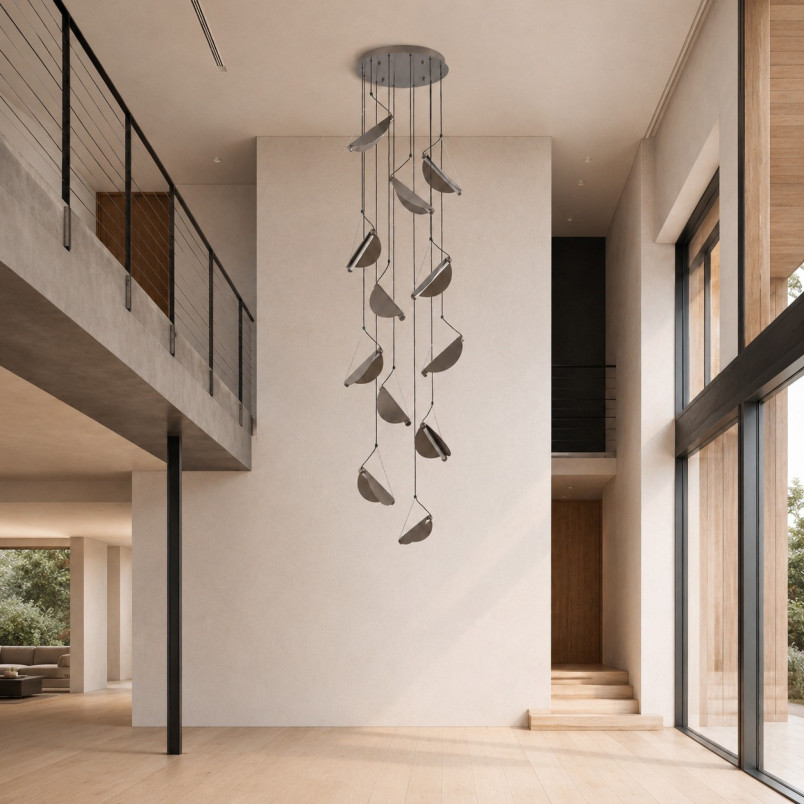 Lampa wisząca kaskadowa do wysokich pomieszczeń Nami XII LED 60cm H340cm szary szczotkowany Step Into Design