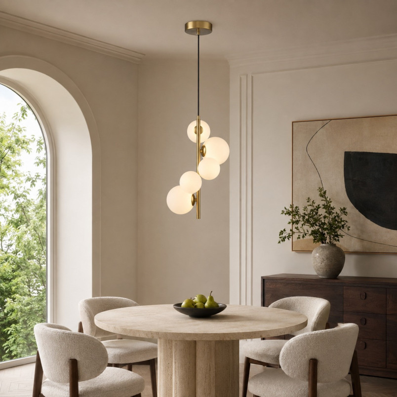 Lampa wisząca 5 szklanych kul Molecula 38cm biało-złota Step Into Design