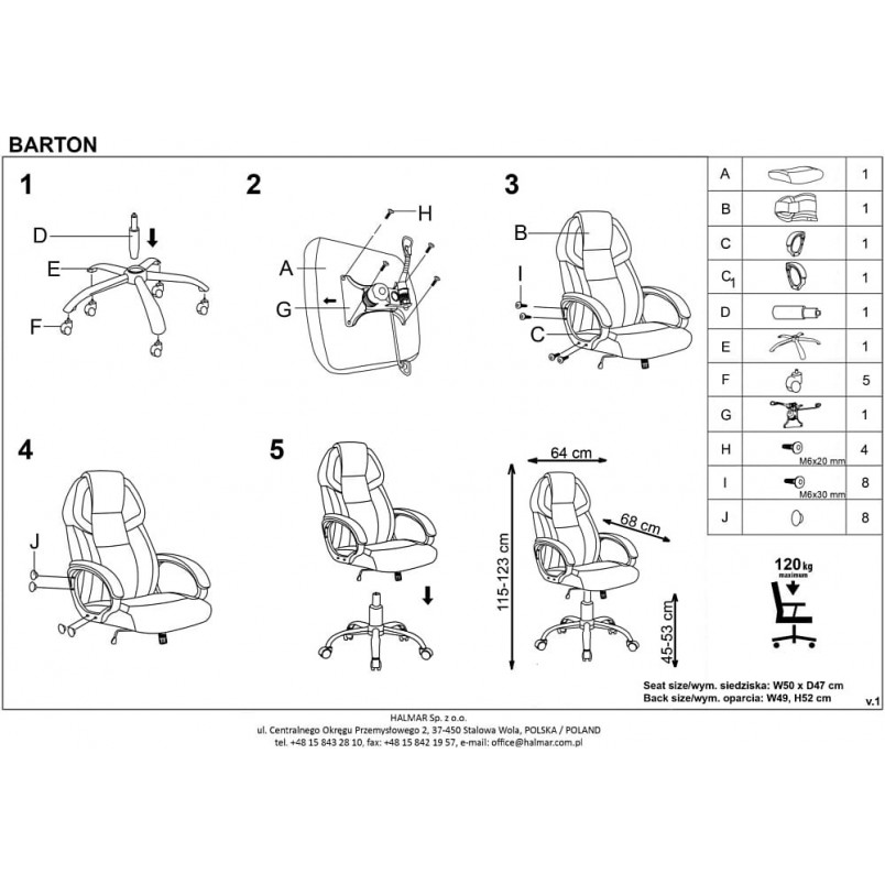 Fotel gamingowy Barton Halmar | Czarno-biały, regulowany