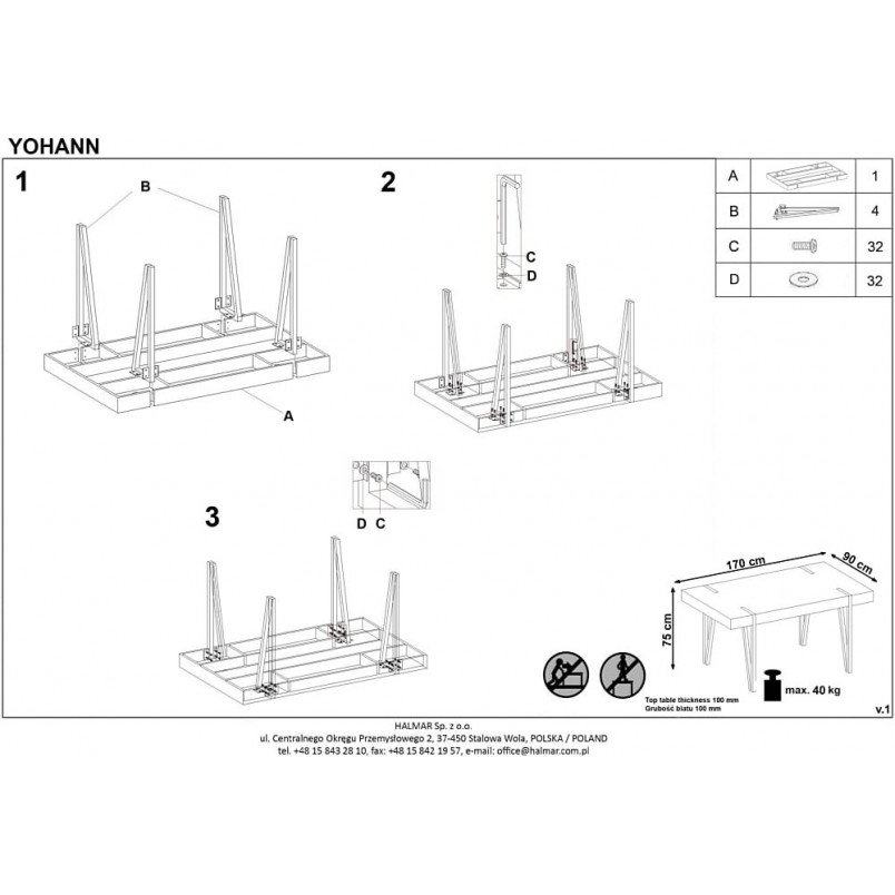 Stół Industrialny Halmar Yohann 170x90 | Dąb San Remo / Czarny