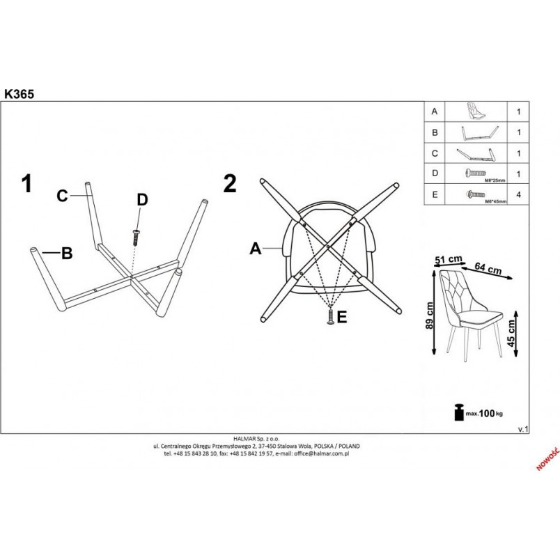 Krzesło welurowe pikowane K365 Halmar - Stylowy design w przystępnej cenie