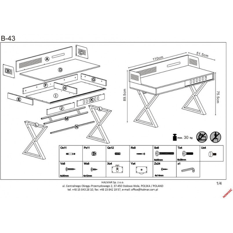 Biurko industrialne Halmar B-43, 110cm, dąb złoty - Kup teraz!
