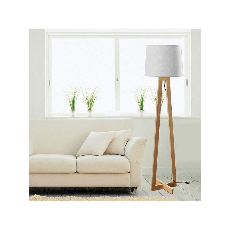 Lampa podłogowa skandynawska Fenil | Biały abażur, drewno | Decolab24
