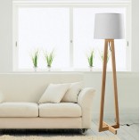 Lampa podłogowa skandynawska Fenil | Biały abażur, drewno | Decolab24