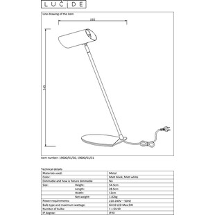 Lampa biurkowa Hester biała Lucide | Minimalistyczny design