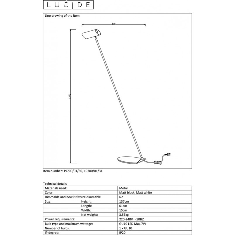 Lampa podłogowa biała Hester | Minimalistyczny design Lucide