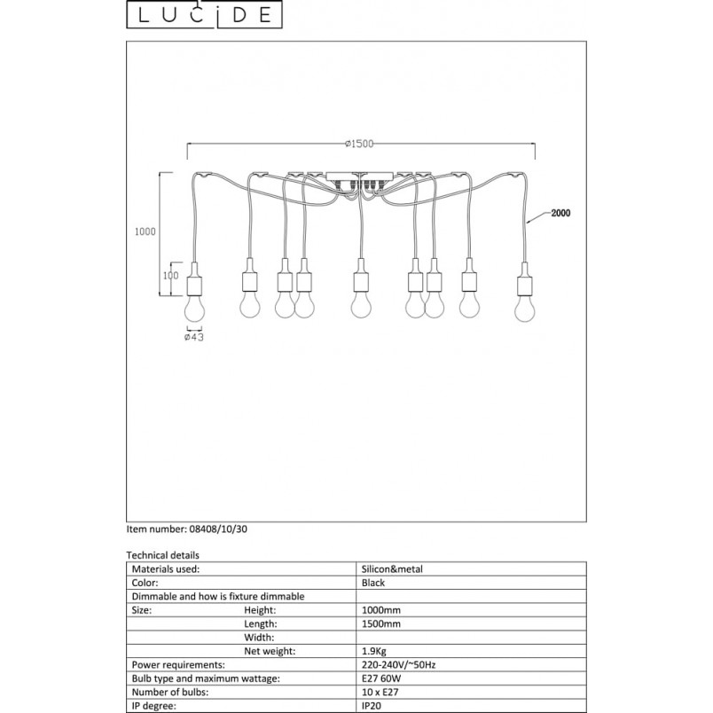 Lampa Wisząca Pająk Fix Multiple X Czarna | Lucide