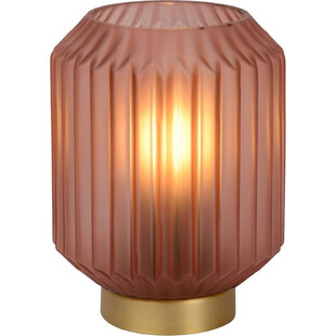 Lampa stołowa Lucide Sueno: Różowy szklany klosz, mosiężna podstawa