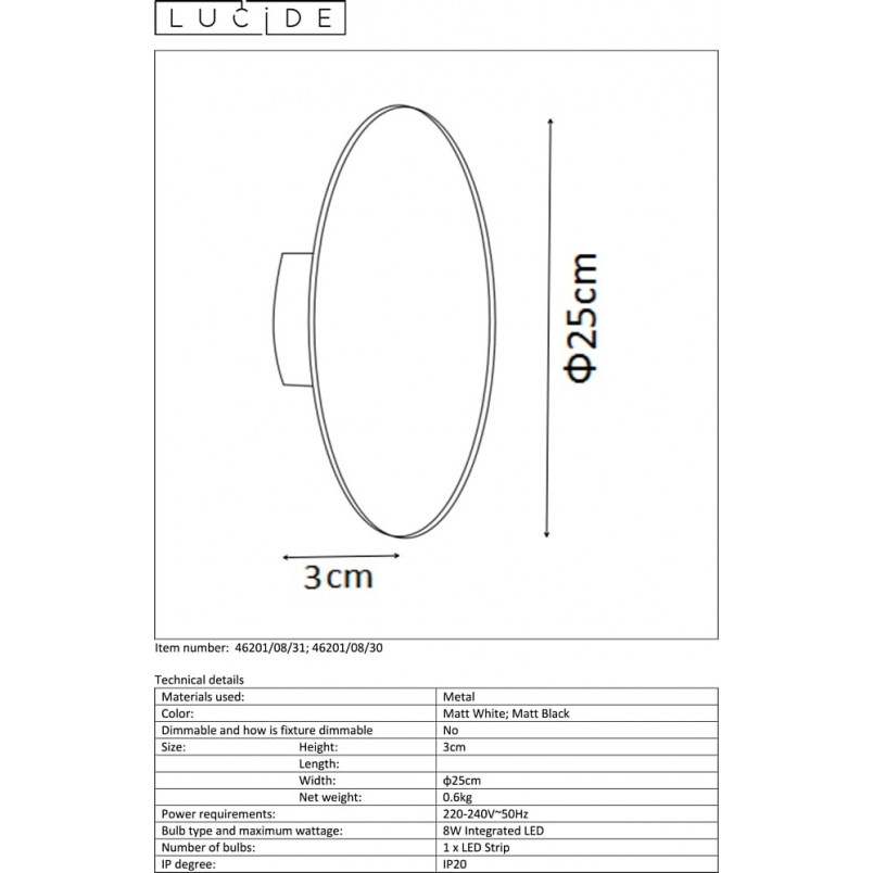 Kinkiet Lucide Eklyps LED - Nowoczesny, Biały, 25cm | Skandynawski
