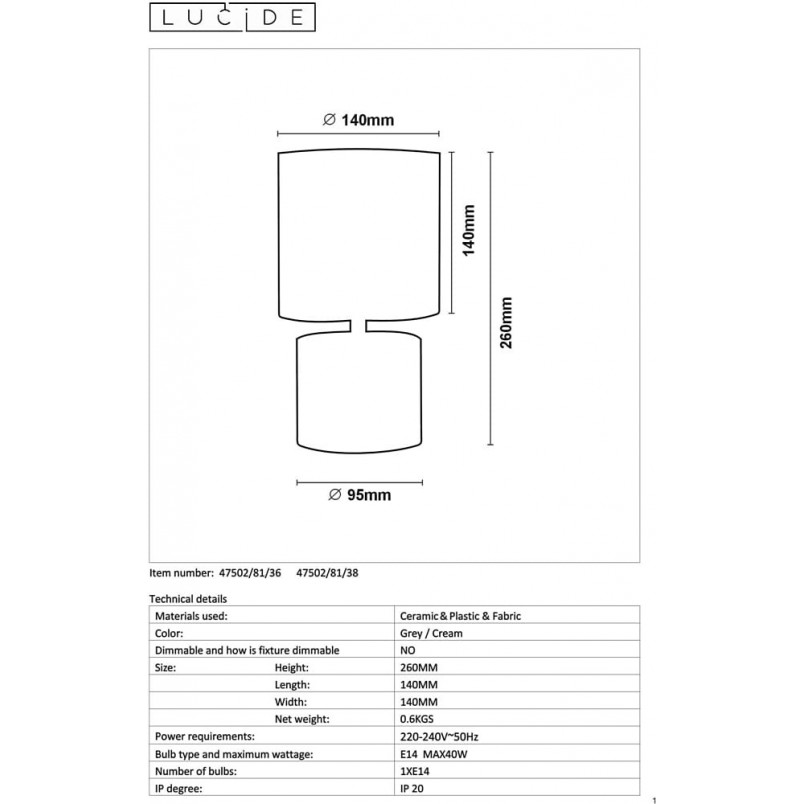 Lampa stołowa Greasby kremowa Lucide | Styl Japandi