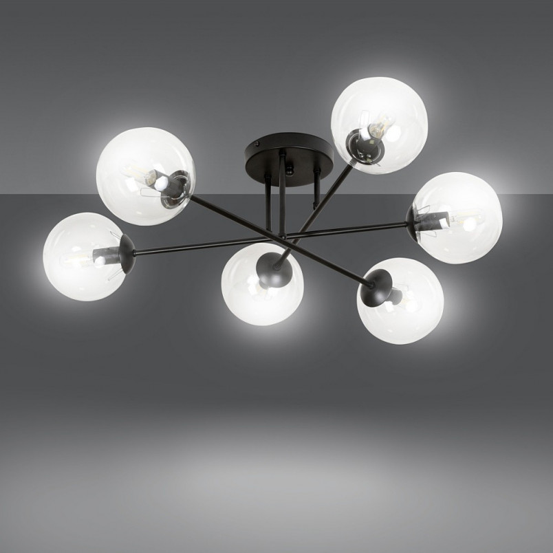 Lampa Sufitowa Brendi 6B - Szklane Kule, Czarno-Przezroczysta | Emibig
