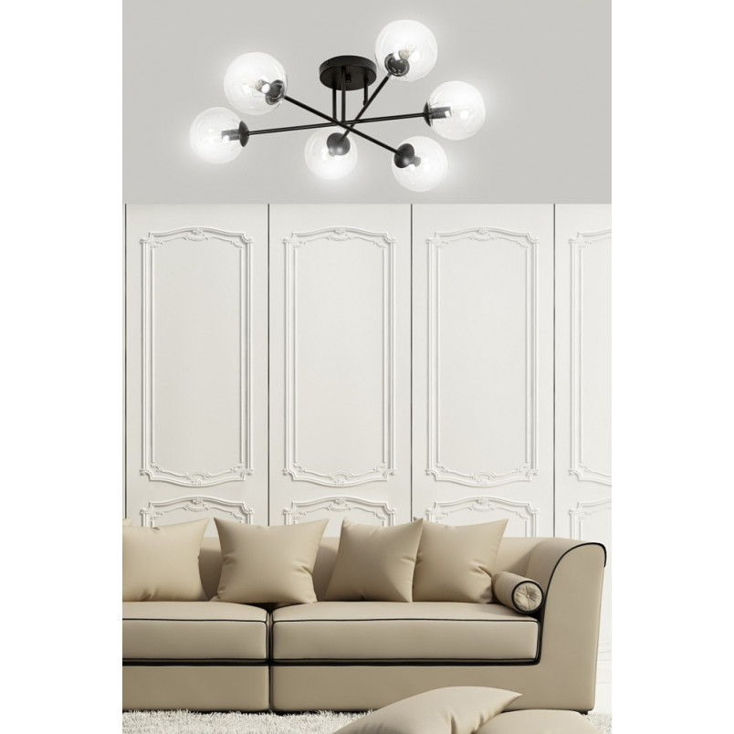 Lampa Sufitowa Brendi 6B - Szklane Kule, Czarno-Przezroczysta | Emibig