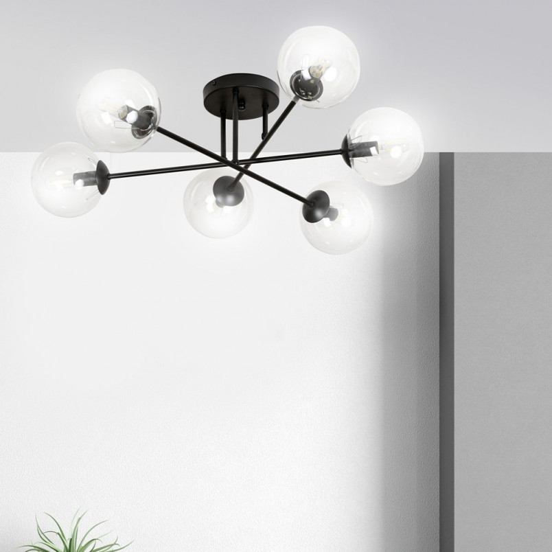 Lampa Sufitowa Brendi 6B - Szklane Kule, Czarno-Przezroczysta | Emibig