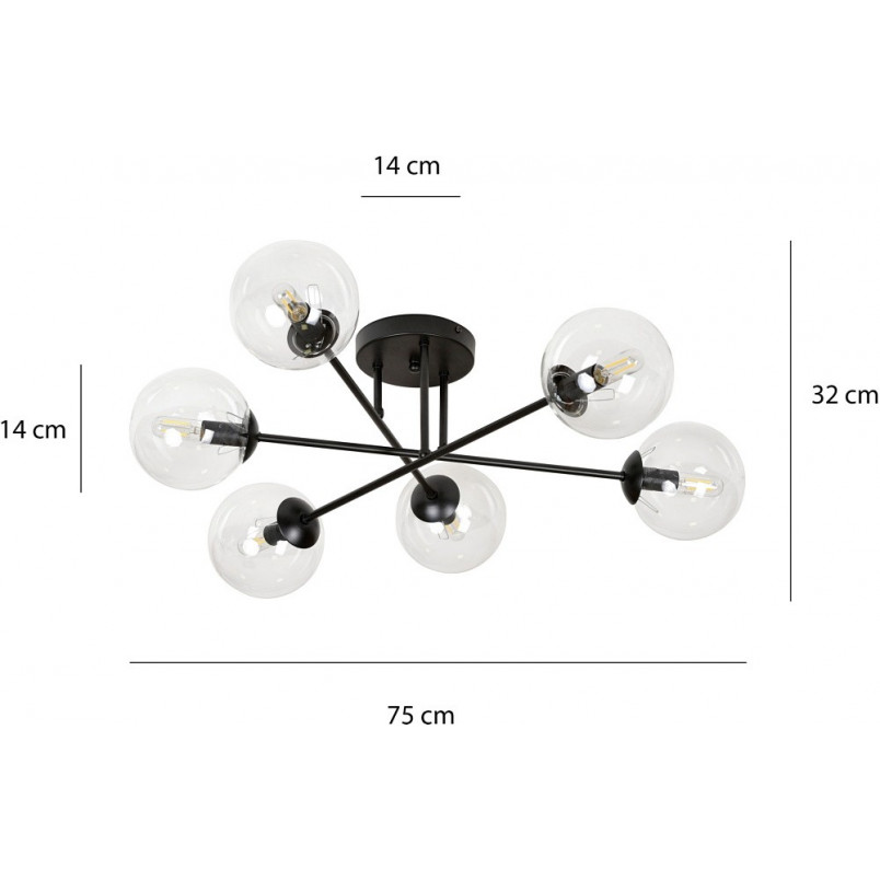 Lampa Sufitowa Brendi 6B - Szklane Kule, Czarno-Przezroczysta | Emibig