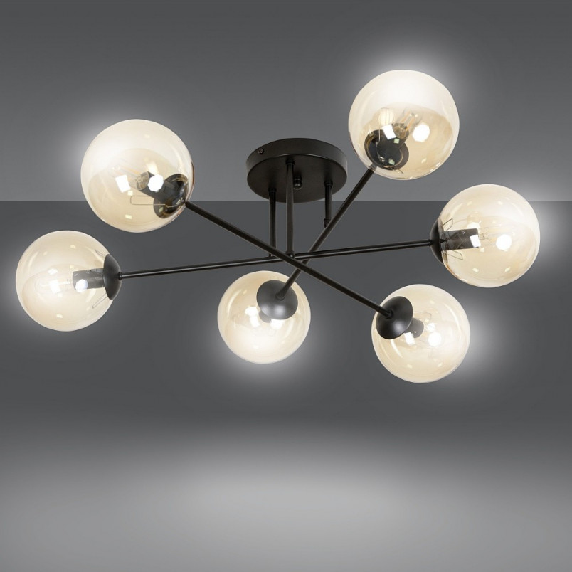 Lampa Sufitowa Brendi 6B - Szklane Kule, Miodowo-Czarna | Emibig