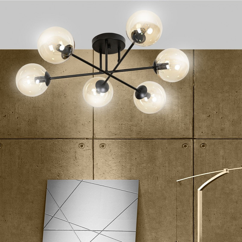 Lampa Sufitowa Brendi 6B - Szklane Kule, Miodowo-Czarna | Emibig