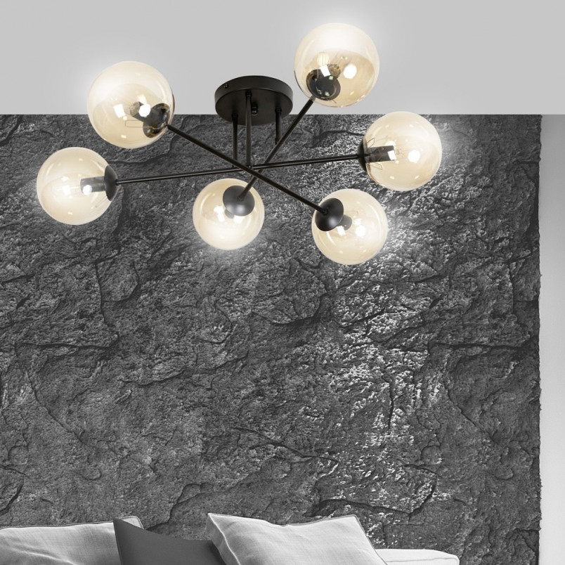 Lampa Sufitowa Brendi 6B - Szklane Kule, Miodowo-Czarna | Emibig
