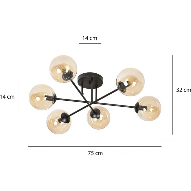 Lampa Sufitowa Brendi 6B - Szklane Kule, Miodowo-Czarna | Emibig
