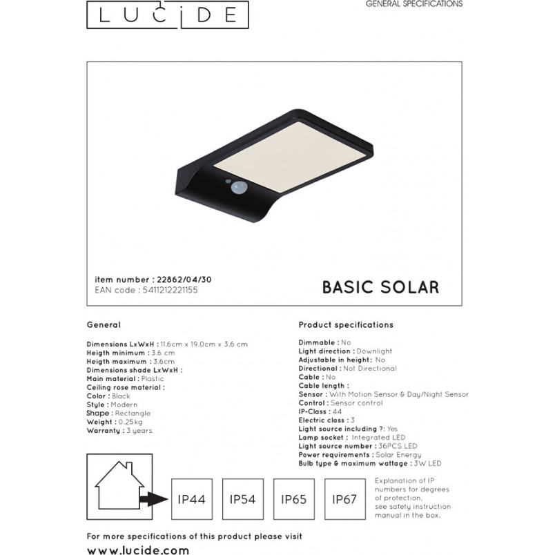 Kinkiet solarny Basic LED czarny Lucide - Oświetlenie ogrodowe