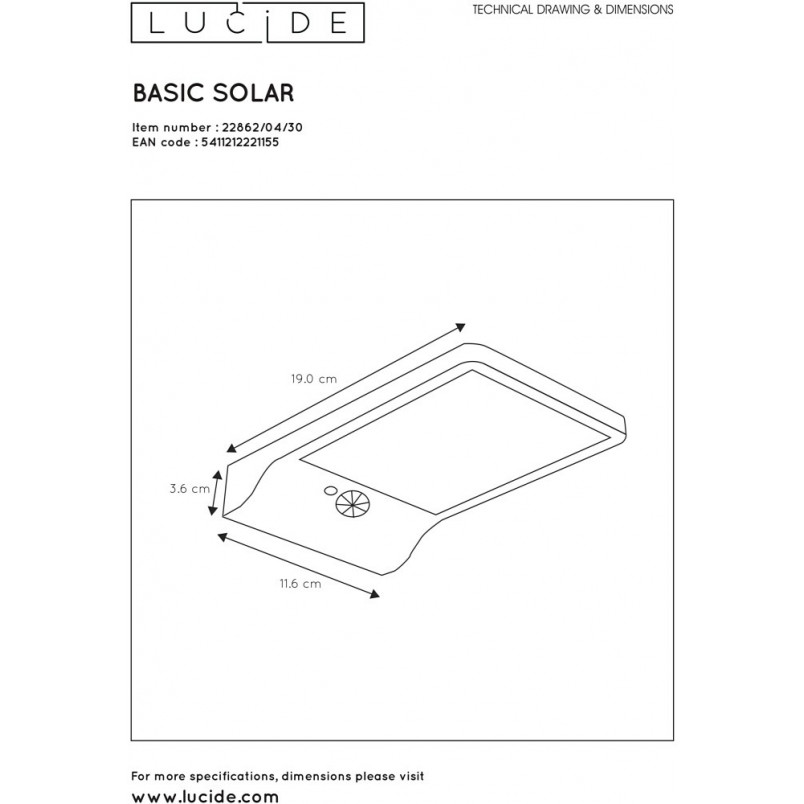 Kinkiet solarny Basic LED czarny Lucide - Oświetlenie ogrodowe