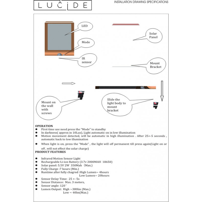 Kinkiet solarny Basic LED czarny Lucide - Oświetlenie ogrodowe