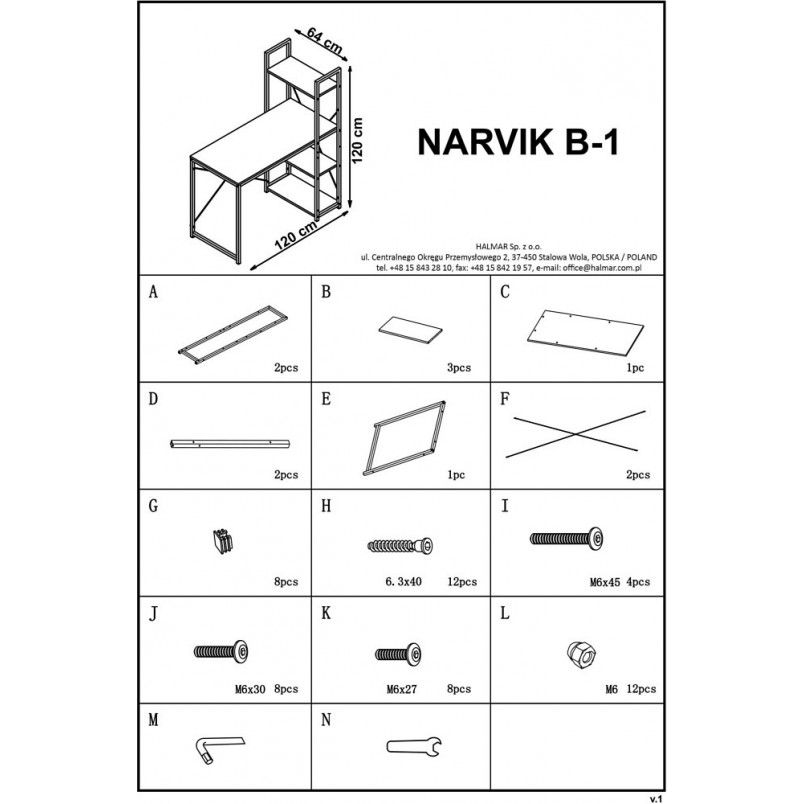 Biurko skandynawskie Narvik 120cm biały/dąb Halmar | Biurka
