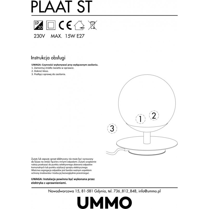 Lampa stołowa szklana kula Plaat biała Ummo - Kup teraz!