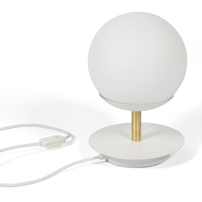Lampa stołowa szklana kula Plaat biało-mosiężna | Ummo